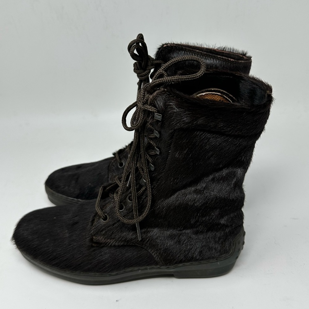 Tods Lace Up Brown Pony Hair Combat Boots Vibram Women's 37.5